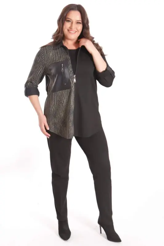 Oversize Çizgili Desenli Cepli Fermuarlı Örme Siyah Gömlek - 4