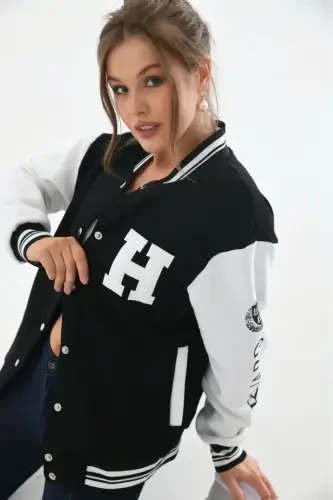 Oversize College Jacket Unisex-BLACKWHITE - 1
