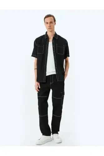 Oversize Cotton Cargo Straight Jeans with Stitch Detail - 1