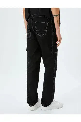Oversize Cotton Cargo Straight Jeans with Stitch Detail - 4