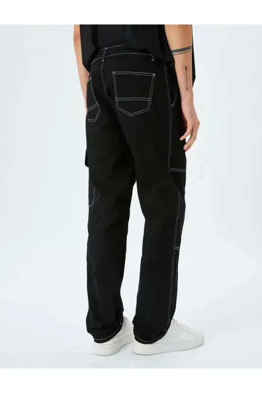 Oversize Cotton Cargo Straight Jeans with Stitch Detail - 4