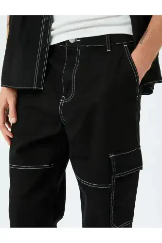 Oversize Cotton Cargo Straight Jeans with Stitch Detail - 5