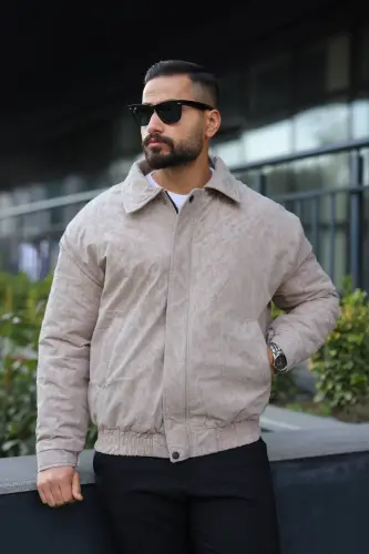 Oversize Crushed Kapitone Dolgulu Bomber Ceket/Mont - Yumuşak Doku Konforlu Still-Krem Velvet 