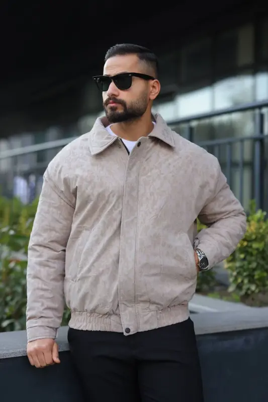 Oversize Crushed Kapitone Dolgulu Bomber Ceket/Mont - Yumuşak Doku Konforlu Still-Krem Velvet - 1