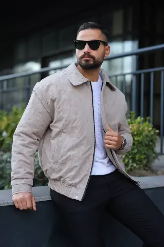 Oversize Crushed Kapitone Dolgulu Bomber Ceket/Mont - Yumuşak Doku Konforlu Still-Krem Velvet - 4