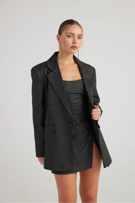 Oversize Cut Glitter Striped EdenBlazer Jacket Black - 2
