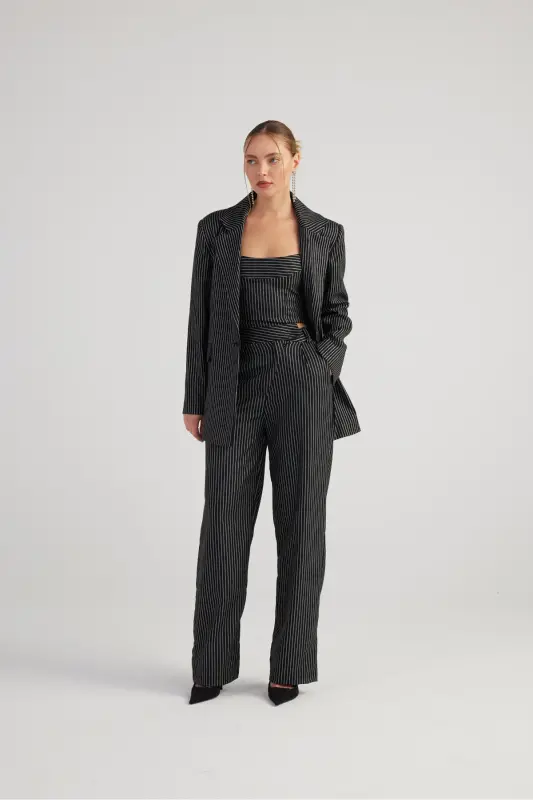 Oversize Cut Glitter Striped EdenBlazer Jacket Black - 3