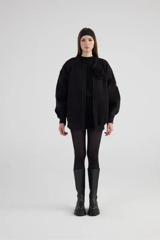 Oversize Detachable Rose Detailed Lined Alexa Bomber Jacket Black - 2