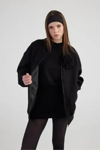 Oversize Detachable Rose Detailed Lined Alexa Bomber Jacket Black - 4