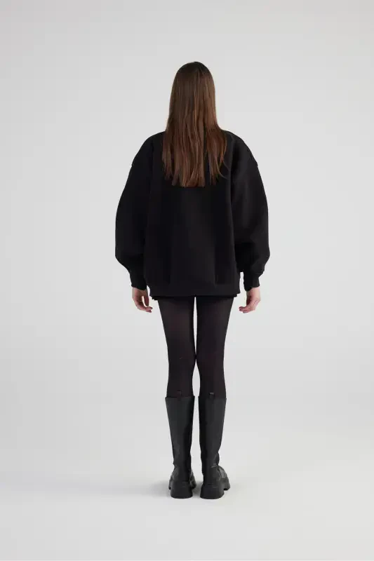 Oversize Detachable Rose Detailed Lined Alexa Bomber Jacket Black - 5