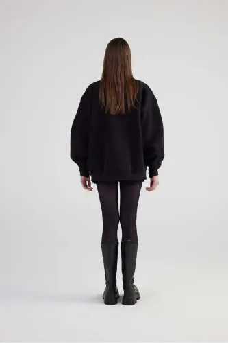 Oversize Detachable Rose Detailed Lined Alexa Bomber Jacket Black - 6