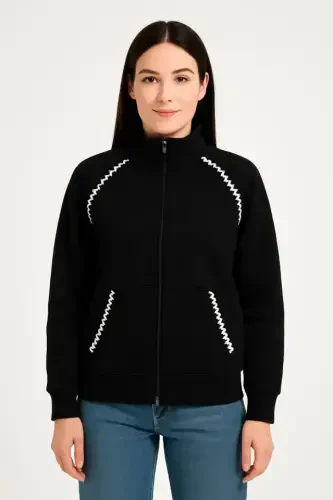 Oversize Dik Yaka Fermuarlı Sweatshirt - Zincir Nakışli Kanguru Cepli, - Siyah - 3