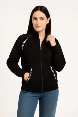 Oversize Dik Yaka Fermuarlı Sweatshirt - Zincir Nakışli Kanguru Cepli, - Siyah - 4