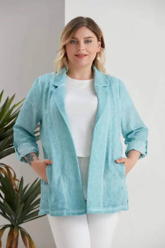 Oversize Double-Breasted Batik Turquoise Jacket - 4
