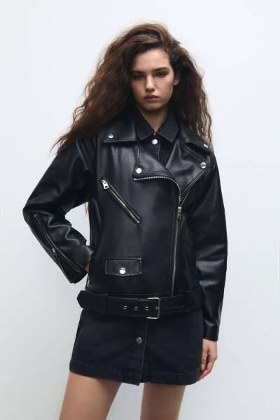 Oversize Faux Leather Biker Jacket - 1