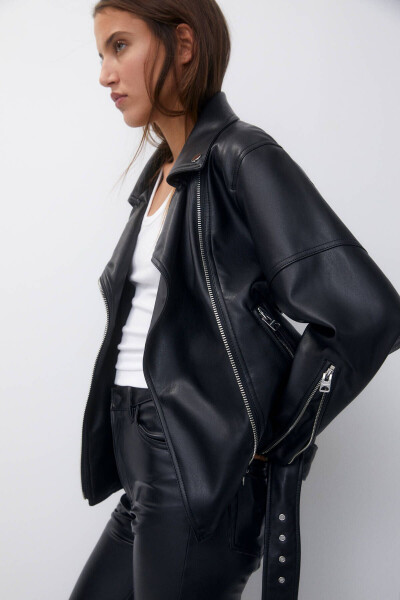 Oversize Faux Leather Biker Jacket - 2