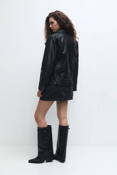 Oversize Faux Leather Biker Jacket - 4