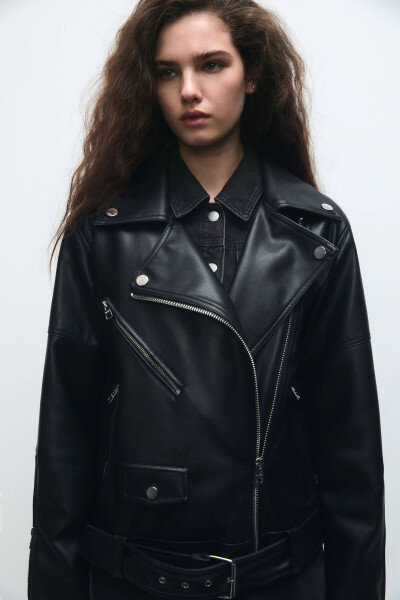 Oversize Faux Leather Biker Jacket - 5