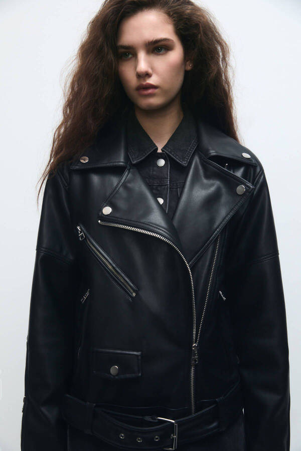 Oversize Faux Leather Biker Jacket - 5