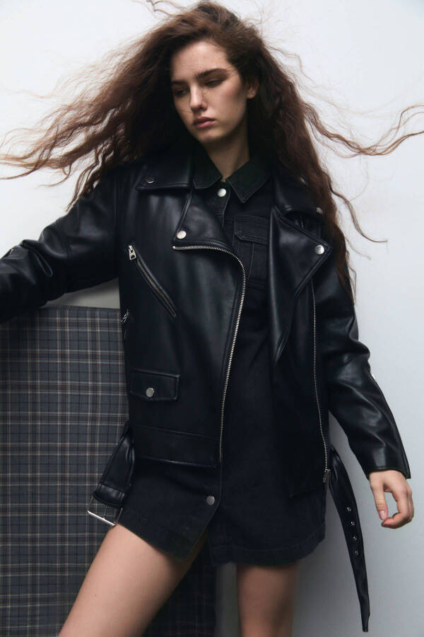 Oversize Faux Leather Biker Jacket - 6