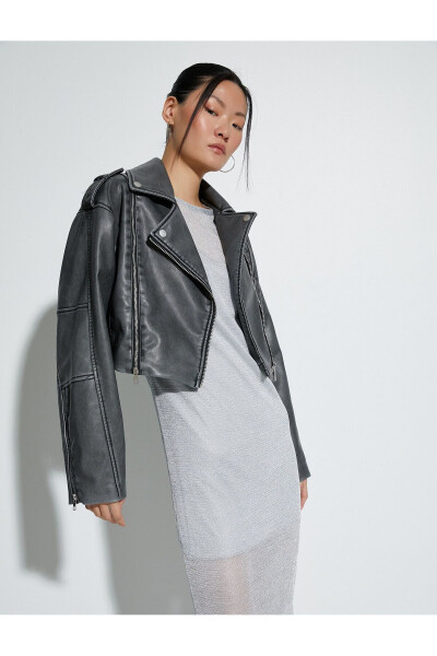 Oversize Faux Leather Jacket with Zipper and Breathable Effect - 9