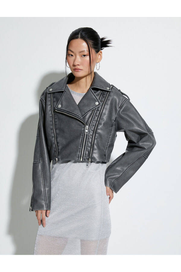 Oversize Faux Leather Jacket with Zipper and Breathable Effect - 11