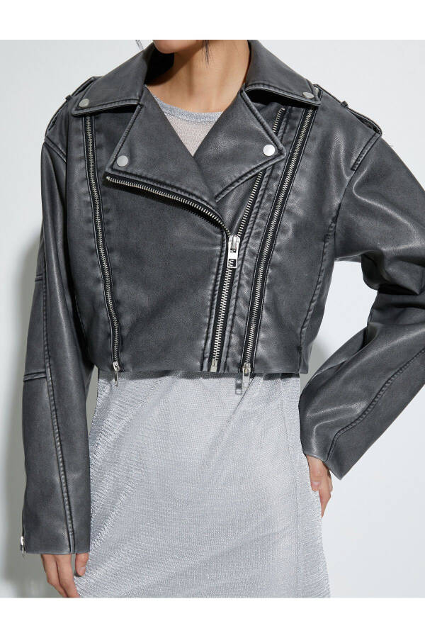 Oversize Faux Leather Jacket with Zipper and Breathable Effect - 5