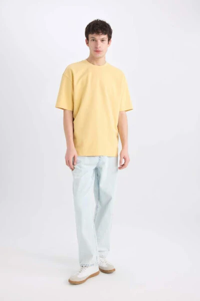 Oversize Geniş Kalıp Bisiklet Yaka Kısa Kollu Basic Düz Ağır Kumaş Tişört-Açık Sarı - Defacto (1)