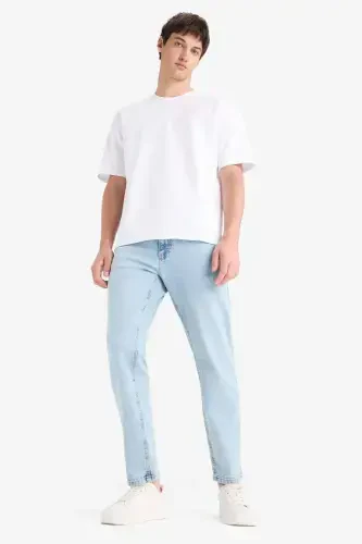 Oversize Geniş Kalıp Bisiklet Yaka Kısa Kollu Basic Düz Ağır Kumaş Tişört-Beyaz - 4