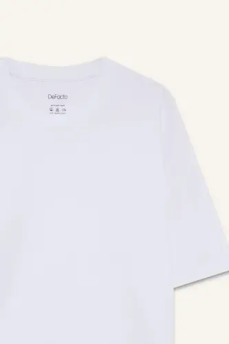 Oversize Geniş Kalıp Bisiklet Yaka Kısa Kollu Basic Düz Ağır Kumaş Tişört-Beyaz - 8