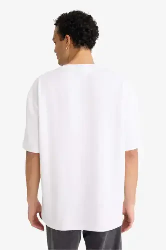 Oversize Geniş Kalıp Bisiklet Yaka Kısa Kollu Basic Düz Ağır Kumaş Tişört-Beyaz - 5