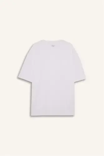 Oversize Geniş Kalıp Bisiklet Yaka Kısa Kollu Basic Düz Ağır Kumaş Tişört-Beyaz - 6