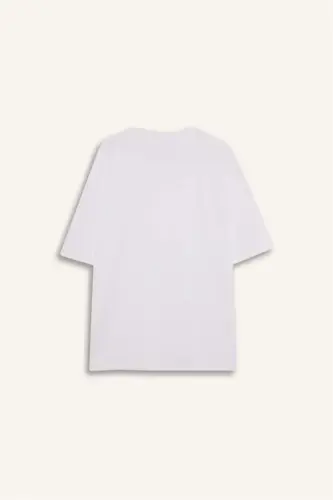 Oversize Geniş Kalıp Bisiklet Yaka Kısa Kollu Basic Düz Ağır Kumaş Tişört-Beyaz - 8