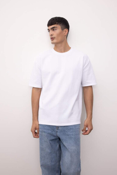 Oversize Fit Bisiklet Yaka Basic Kısa Kollu Pamuklu Ağır Kumaş Tişört Beyaz - 3