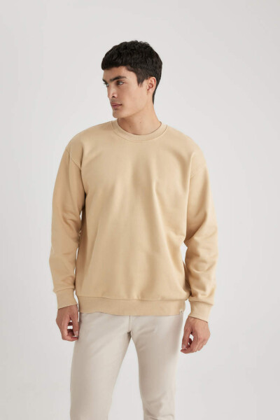 Oversize Fit Bisiklet Yaka Basic Sweatshirt Bej - 1