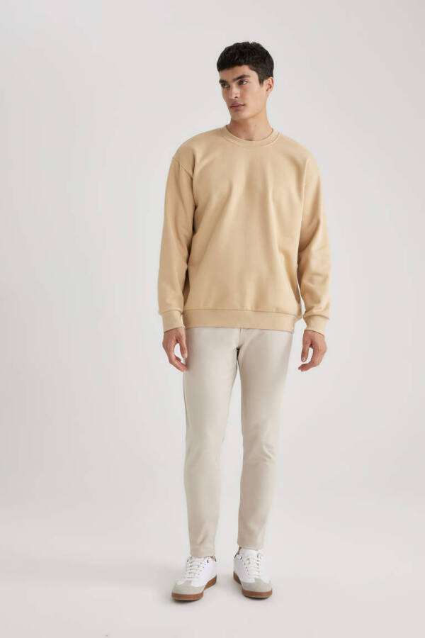 Oversize Fit Bisiklet Yaka Basic Sweatshirt Bej - 2