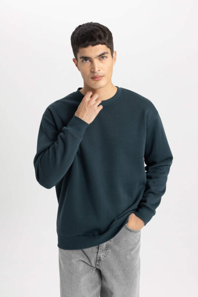 Oversize Fit Bisiklet Yaka Basic Sweatshirt Koyu Yeşil - 9