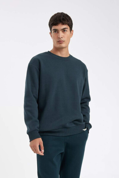 Oversize Fit Bisiklet Yaka Basic Sweatshirt Koyu Yeşil - 3