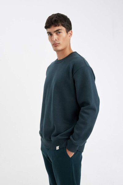 Oversize Fit Bisiklet Yaka Basic Sweatshirt Koyu Yeşil - 4