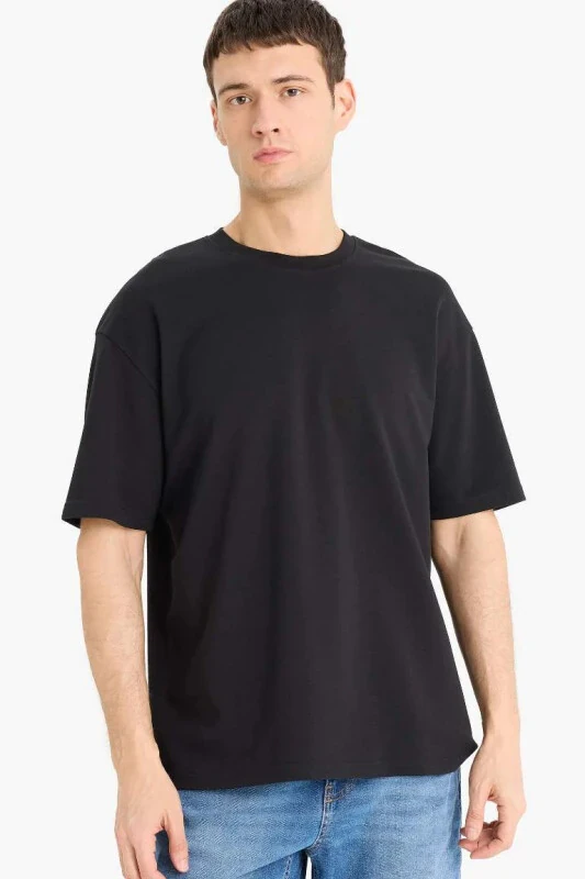 Oversize Geniş Kalıp Bisiklet Yaka Kısa Kollu Basic Düz Ağır Kumaş Tişört-Siyah - 1