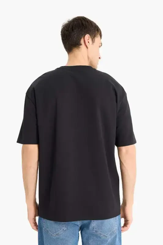 Oversize Geniş Kalıp Bisiklet Yaka Kısa Kollu Basic Düz Ağır Kumaş Tişört-Siyah - 6