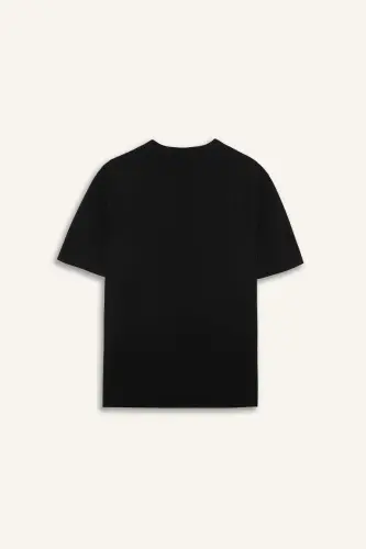 Oversize Geniş Kalıp Bisiklet Yaka Kısa Kollu Basic Düz Ağır Kumaş Tişört-Siyah - 9