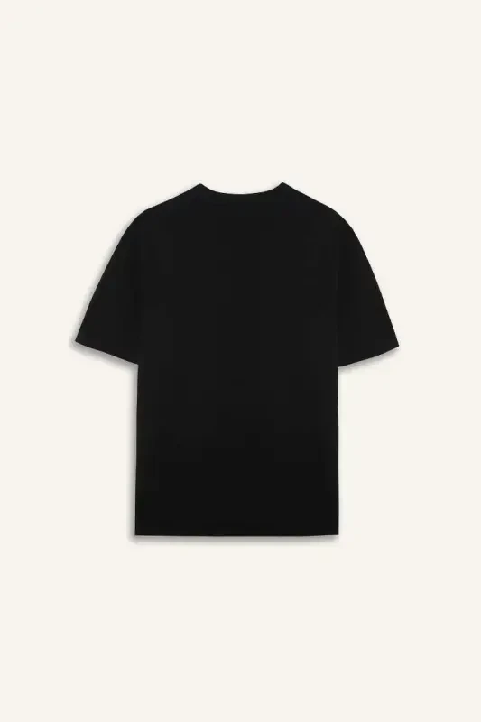 Oversize Geniş Kalıp Bisiklet Yaka Kısa Kollu Basic Düz Ağır Kumaş Tişört-Siyah - 9