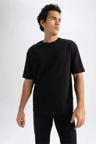 Oversize Fit Bisiklet Yaka Pamuklu Ağır Kumaş Tişört Siyah - 6