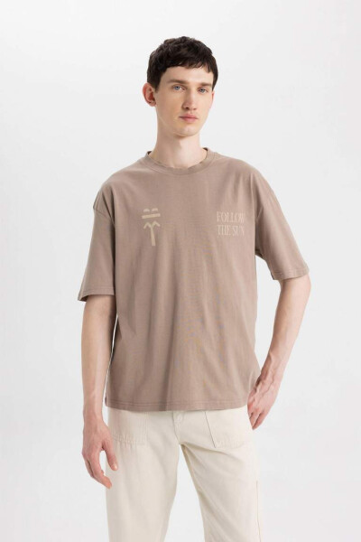 Oversize Fit Crew Neck Back Printed Short Sleeve T-Shirt Beige - 3