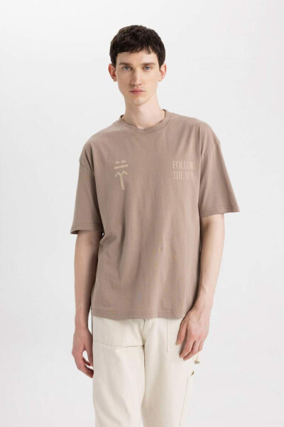 Oversize Fit Crew Neck Back Printed Short Sleeve T-Shirt Beige - 5