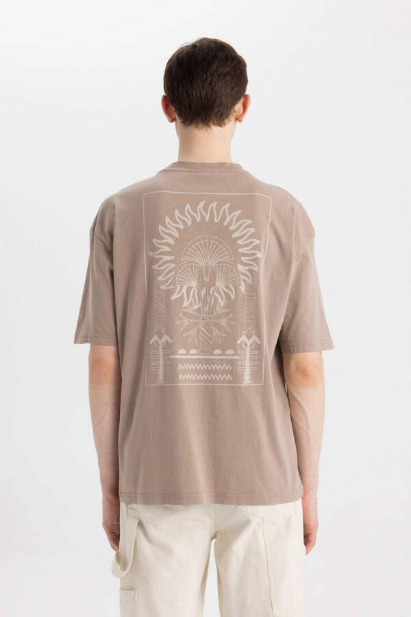 Oversize Fit Crew Neck Back Printed Short Sleeve T-Shirt Beige - 8