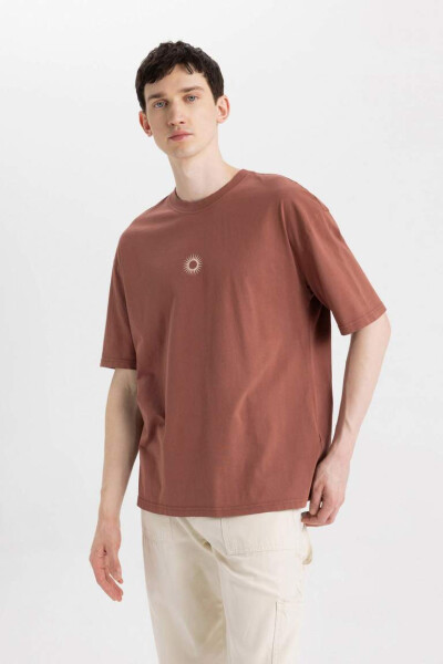 Oversize Fit Crew Neck Back Printed Short Sleeve T-Shirt Light Brown - 4