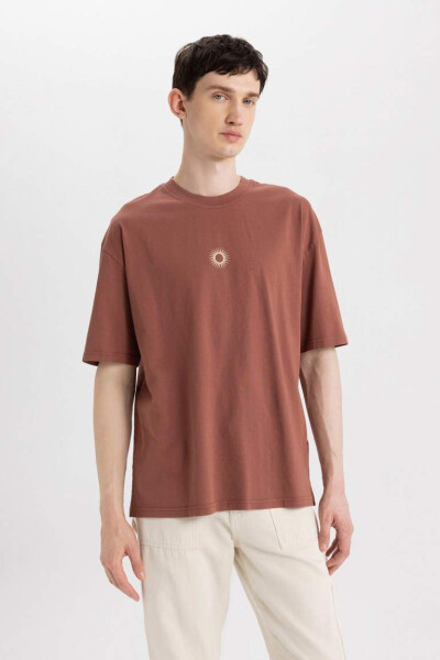 Oversize Fit Crew Neck Back Printed Short Sleeve T-Shirt Light Brown - 6