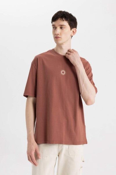 Oversize Fit Crew Neck Back Printed Short Sleeve T-Shirt Light Brown - 7